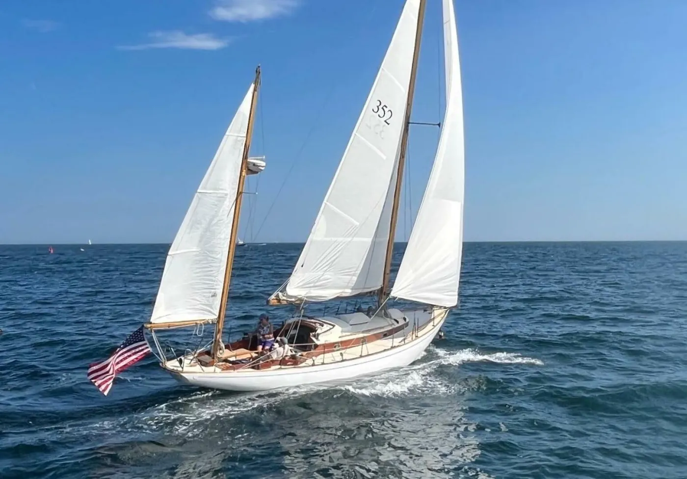 Vintage 1955 Concordia yawl under full sail, sail number 352